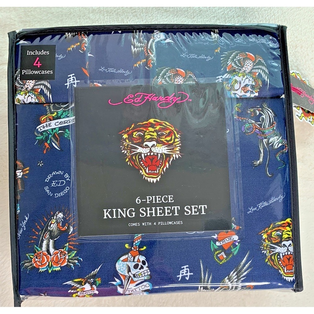 Ed Hardy King 6 Piece Sheet Set 4 Pillowcases Navy Tattoo Eagle Tiger Skulls